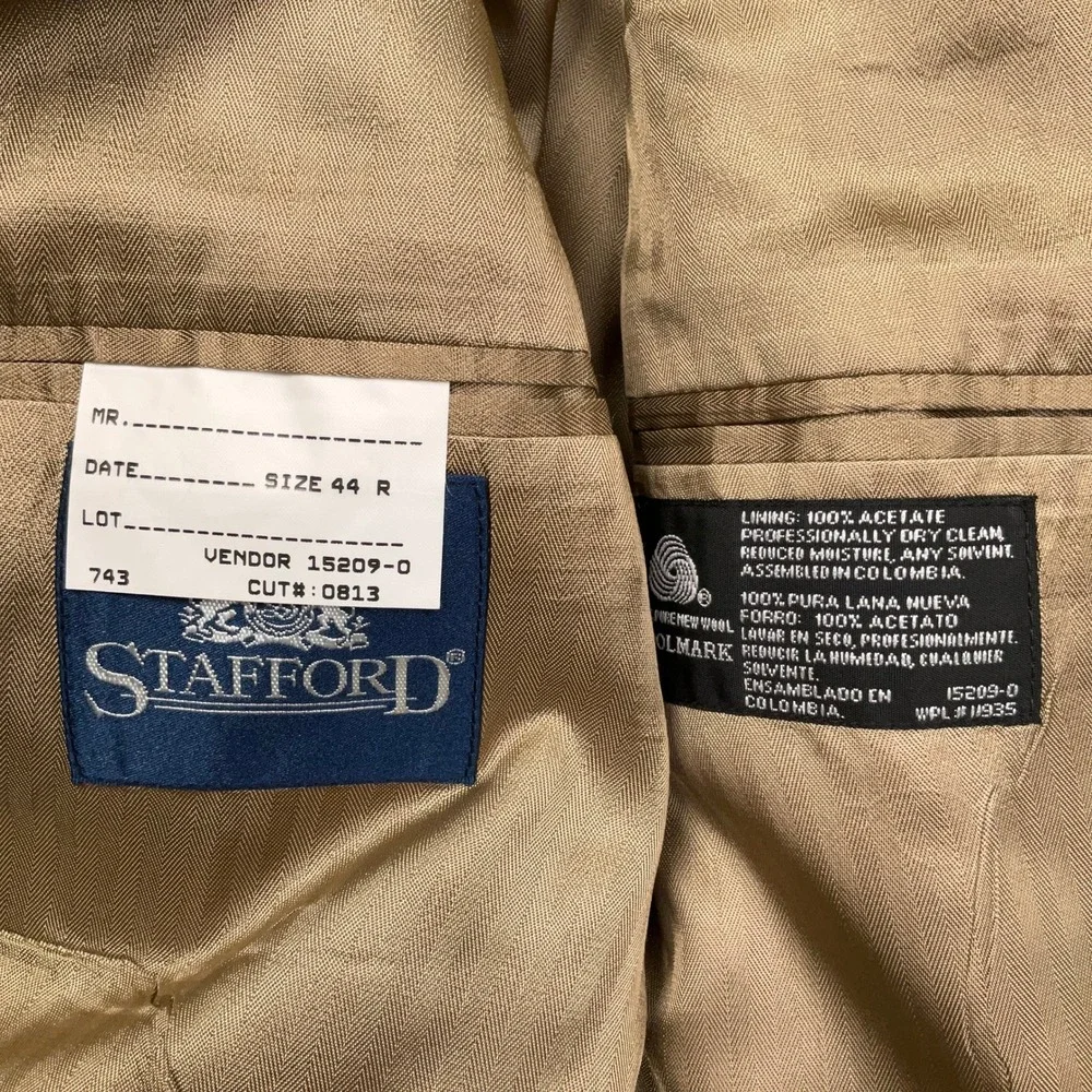 Stafford Blazer Jacket Mens 44R Olive Green Plaid 3-Button Traditional Classic